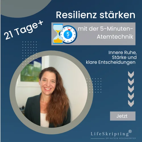 Titelgrafik „Resilienz stärken mit der 5-Minuten-Atemtechnik“ mit Porträt der Anbieterin
