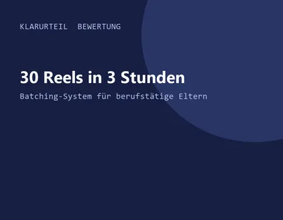 Titelgrafik von Klarurteil zur Bewertung von 30 Reels in 3 Stunden – Batching-System für berufstätige Eltern