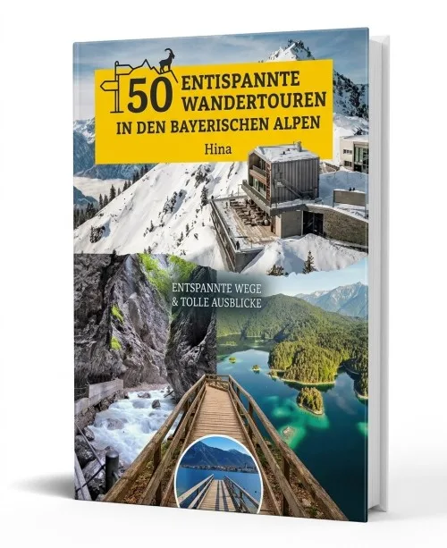 Buchcover „50 entspannte Wandertouren in den Bayerischen Alpen“ mit Bergsee und Holzsteg