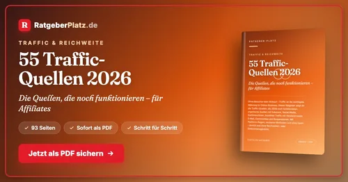 Cover des E-Books „55 Traffic-Quellen 2026“ von RatgeberPlatz in Orange