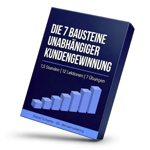 Produktbox des Videokurses Die 7 Bausteine unabhängiger Kundengewinnung mit 1,5 Stunden, 12 Lektionen und 7 Übungen