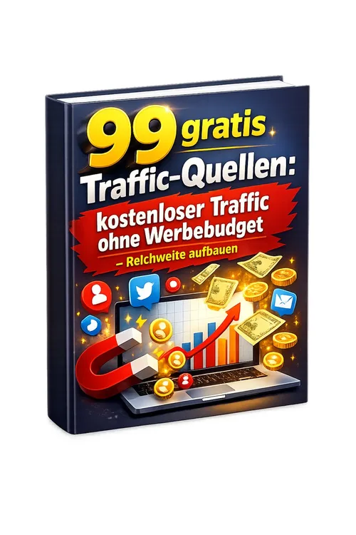 Buchcover „99 gratis Traffic-Quellen: kostenloser Traffic ohne Werbebudget – Reichweite aufbauen“