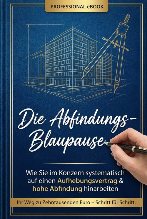 Buchcover „Die Abfindungs-Blaupause“ mit Architekturzeichnung und Füllfederhalter