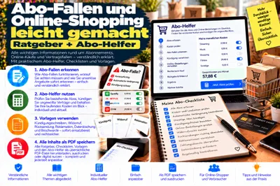 Titelgrafik „Abo-Fallen und Online-Shopping leicht gemacht – Ratgeber + Abo-Helfer“ mit Laptop-Oberfläche und Checkliste