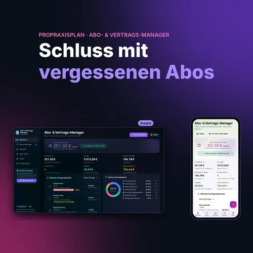 Titelgrafik „Schluss mit vergessenen Abos“ mit der Oberfläche des Abo- und Vertrags-Managers am Computer und auf dem Handy