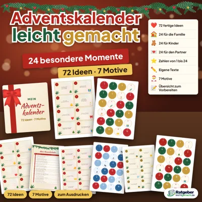 Titelgrafik „Adventskalender leicht gemacht – 24 besondere Momente“ mit Kärtchen, Zahlen und der Angabe „72 Ideen“ auf weihnachtlich braunem Hintergrund