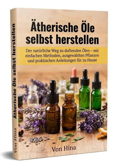 Buchcover „Ätherische Öle selbst herstellen“ von Hina mit Tropfflaschen und Lavendel