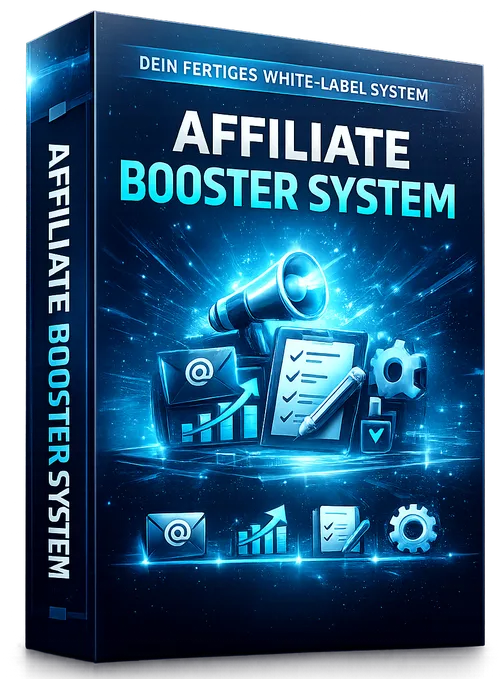 Produktbox „Affiliate Booster System, dein fertiges White-Label-System“ in Blautönen mit Megafon und E-Mail-Symbol