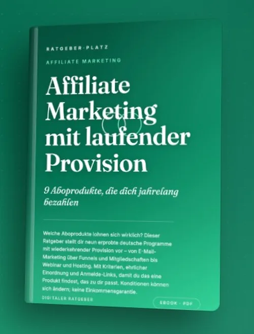 Buchcover des PDF-Ratgebers „Affiliate Marketing mit laufender Provision“ von RatgeberPlatz