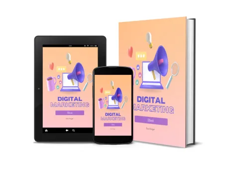 Mockup des E-Books „Digital Marketing“ auf Buch, Tablet und Smartphone mit Megafon-Grafik