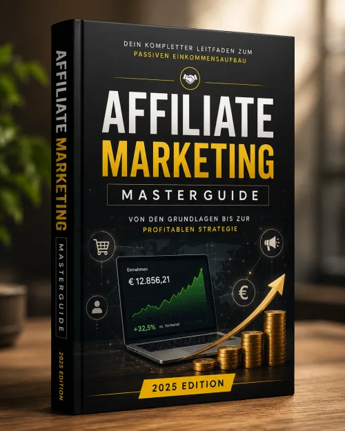 Buchcover „Affiliate Marketing Masterguide – 2025 Edition“ mit Laptop und Münzstapeln