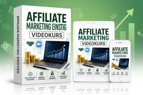 Produktgrafik des Videokurses Affiliate Marketing Einstieg mit Box, Tablet und Smartphone