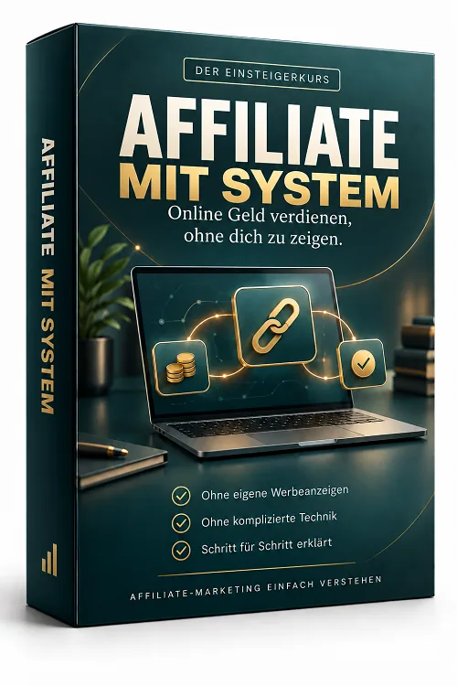 Produktbox des Einsteigerkurses Affiliate mit System mit dem Untertitel Online Geld verdienen, ohne dich zu zeigen