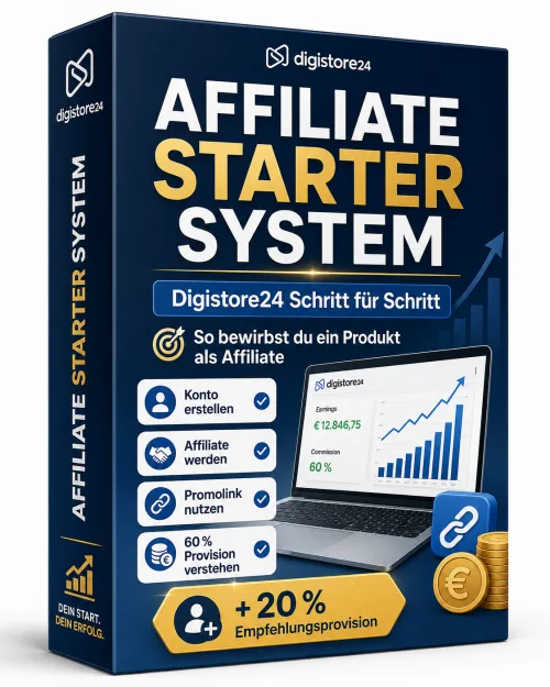 Produktbild des Affiliate Starter System mit Laptop-Grafik und der Zeile So bewirbst du ein Produkt als Affiliate