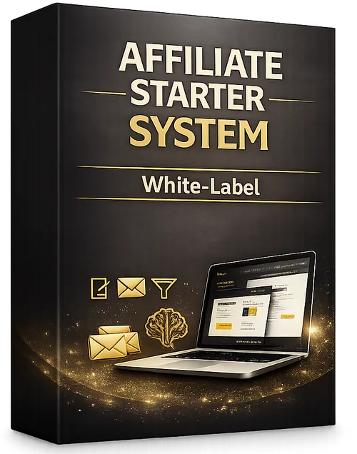 Produktcover Affiliate Starter System White-Label als schwarze Box mit goldener Schrift