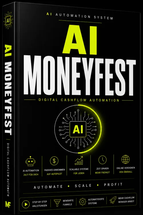 Buchcover „AI MONEYFEST – Digital Cashflow Automation“ in Schwarz mit gelbem Schriftzug