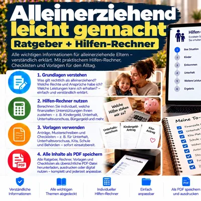 Titelgrafik des Ratgebers „Alleinerziehend leicht gemacht – Ratgeber + Hilfen-Rechner“