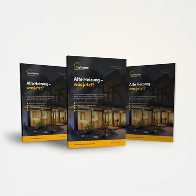 Drei Exemplare des E-Book-Covers „Alte Heizung – was jetzt?“ in schwarzem Design mit gelben Akzenten