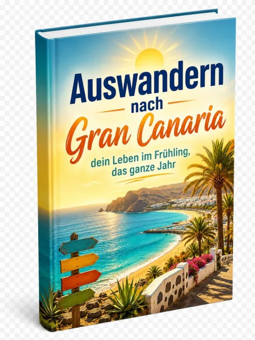 Buchcover des PDF-Ratgebers Auswandern nach Gran Canaria mit Strand, Palmen und Wegweisern