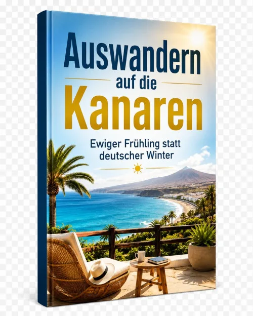 Buchcover „Auswandern auf die Kanaren – Ewiger Frühling statt deutscher Winter“ mit Küstenlandschaft, Vulkan und Terrasse