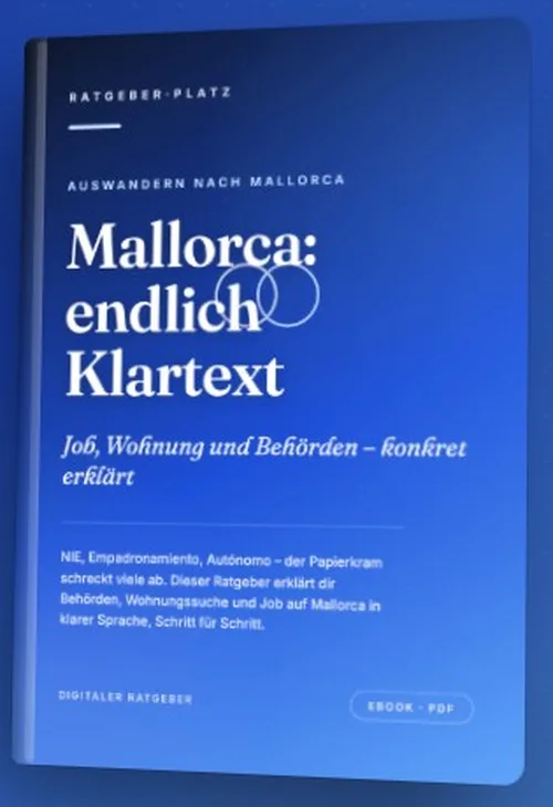 Buchmockup des PDF-Ratgebers „Mallorca: endlich Klartext“ von RatgeberPlatz in Blau mit weißer Schrift
