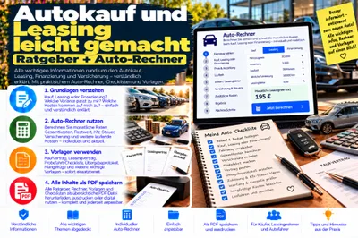 Titelgrafik „Autokauf und Leasing leicht gemacht – Ratgeber + Auto-Rechner“ mit Autos, Tablet-Rechner und Checkliste