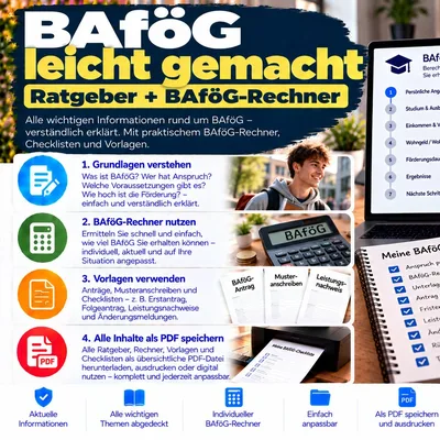 Titelgrafik des Ratgebers „BAföG leicht gemacht – Ratgeber + BAföG-Rechner“