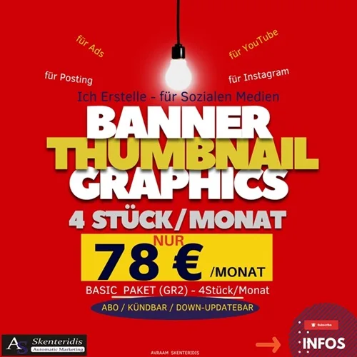 Werbegrafik für das Design-Abo: Banner Thumbnail Graphics, 4 Stück pro Monat, nur 78 Euro, Abo kündbar