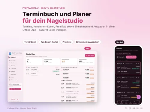 Titelgrafik „Terminbuch und Planer für dein Nagelstudio“ mit Oberfläche der ProPraxisPlan-App für Termine und Finanzen
