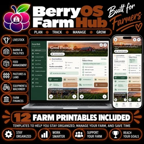 Titelbild von BerryOS Farm Hub mit Laptop- und Handy-Ansicht der Hof-App und dem Hinweis auf 12 Farm-Printables