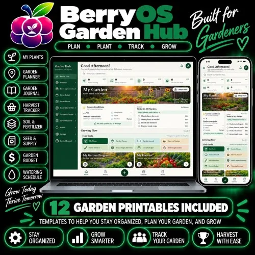 Titelbild von BerryOS Garden Hub mit Laptop- und Handy-Ansicht der Garten-App und dem Hinweis auf 12 Garten-Printables