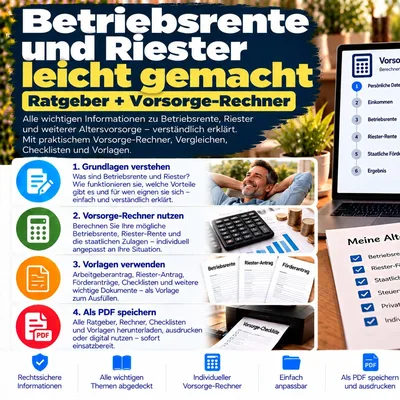 Titelbild des Ratgebers Betriebsrente und Riester leicht gemacht mit Vorsorge-Rechner und Checkliste Altersvorsorge