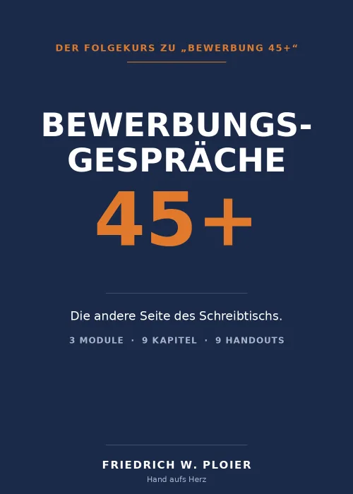 Titelbild des Kurses Bewerbungsgespräche 45+ von Friedrich W. Ploier mit dem Hinweis auf 3 Module, 9 Kapitel und 9 Handouts