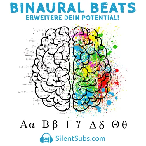 Produktgrafik „Binaural Beats – Erweitere dein Potential“ mit Gehirn-Illustration und Frequenzbuchstaben von Alpha bis Theta