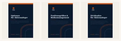 Drei Buchcover mit den Titeln Optionen für Aktienanleger, Positionsgrößen und Risikomanagement sowie Dividenden für Aktienanleger