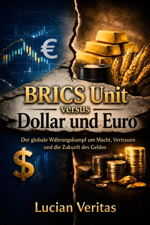 Buchcover „BRICS Unit versus Dollar und Euro“ von Lucian Veritas mit Euro- und Dollarzeichen, Goldbarren und Münzen