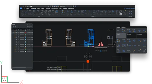 Vorschaubild des BricsCAD 2D Channels mit Werkzeugleisten und Zeichnung