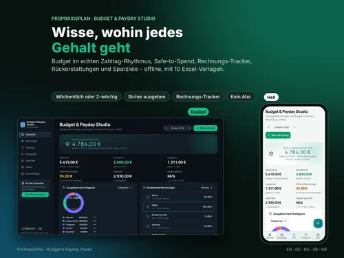 Titelgrafik von ProPraxisPlan „Budget & Payday Studio“ mit Desktop- und Handyansicht der App und dem Schriftzug „Wisse, wohin jedes Gehalt geht“