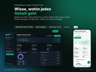 Titelgrafik von ProPraxisPlan „Budget & Payday Studio“ mit Desktop- und Handyansicht der App und dem Schriftzug „Wisse, wohin jedes Gehalt geht“
