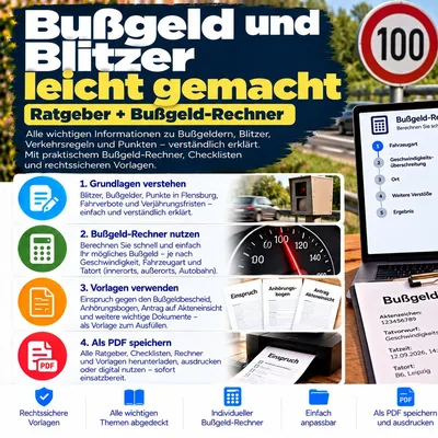 Titelbild des Ratgebers Bußgeld und Blitzer leicht gemacht mit Bußgeld-Rechner auf einem Laptop und einem Tempolimit-Schild