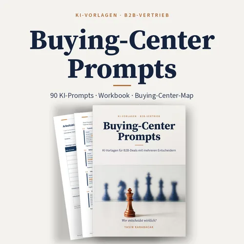 Titelbild von Buying-Center Prompts: 90 KI-Prompts, Workbook, Buying-Center-Map, daneben ein Workbook-Cover mit Schachfiguren