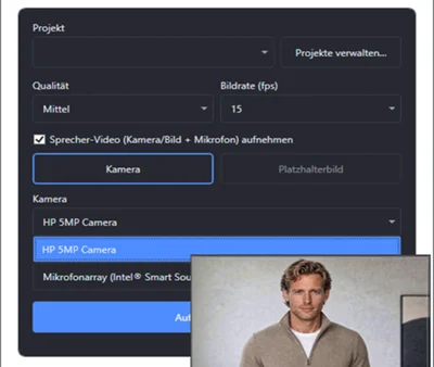 Produktbild von CaptureStudio: Aufnahmedialog mit Kamera-Auswahl und Sprecher-Bild