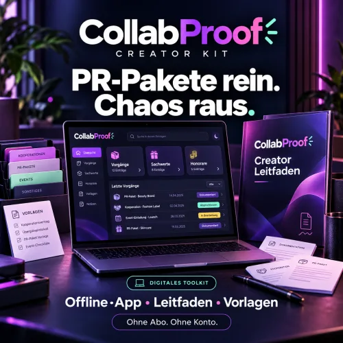 Produktgrafik von CollabProof Creator Kit mit Laptop, Leitfaden und Vorlagen unter dem Schriftzug PR-Pakete rein, Chaos raus