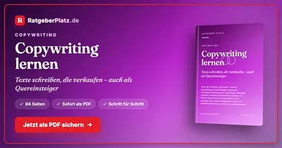 Buchcover des PDF-Ratgebers Copywriting lernen von RatgeberPlatz auf violettem Hintergrund