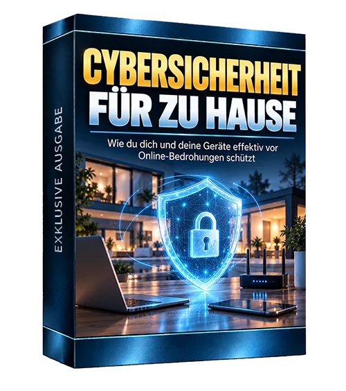 Produktbild des E-Books „Cybersicherheit für zu Hause“ mit Schutzschild-Symbol