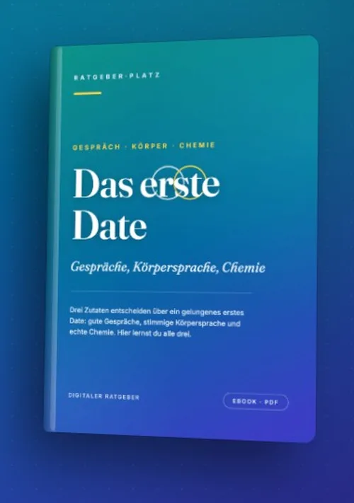 Buchcover des PDF-Ratgebers Das erste Date mit dem Untertitel Gespräche, Körpersprache, Chemie von RatgeberPlatz