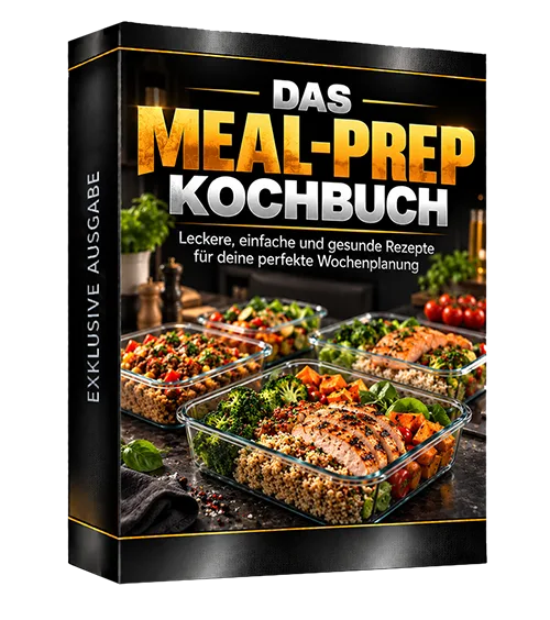 Produktbild des digitalen Kochbuchs „Das Meal-Prep Kochbuch“ mit Gerichten in Vorratsboxen
