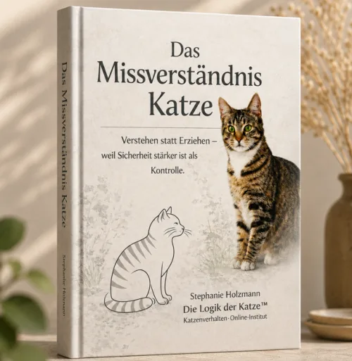Buchcover Das Missverständnis Katze von Stephanie Holzmann, Die Logik der Katze, mit sitzender Tigerkatze