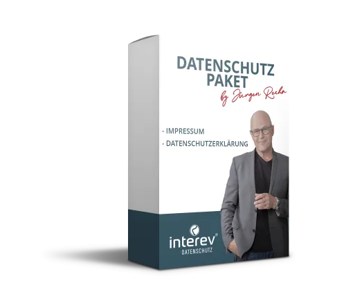 Produktbox „Datenschutz Paket by Jürgen Recha“ mit Impressum und Datenschutzerklärung der interev GmbH
