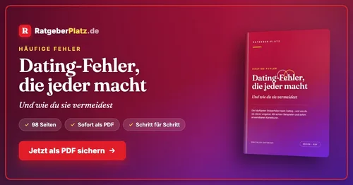 Buchcover des PDF-Ratgebers „Dating-Fehler, die jeder macht“ von RatgeberPlatz in Rot und Violett